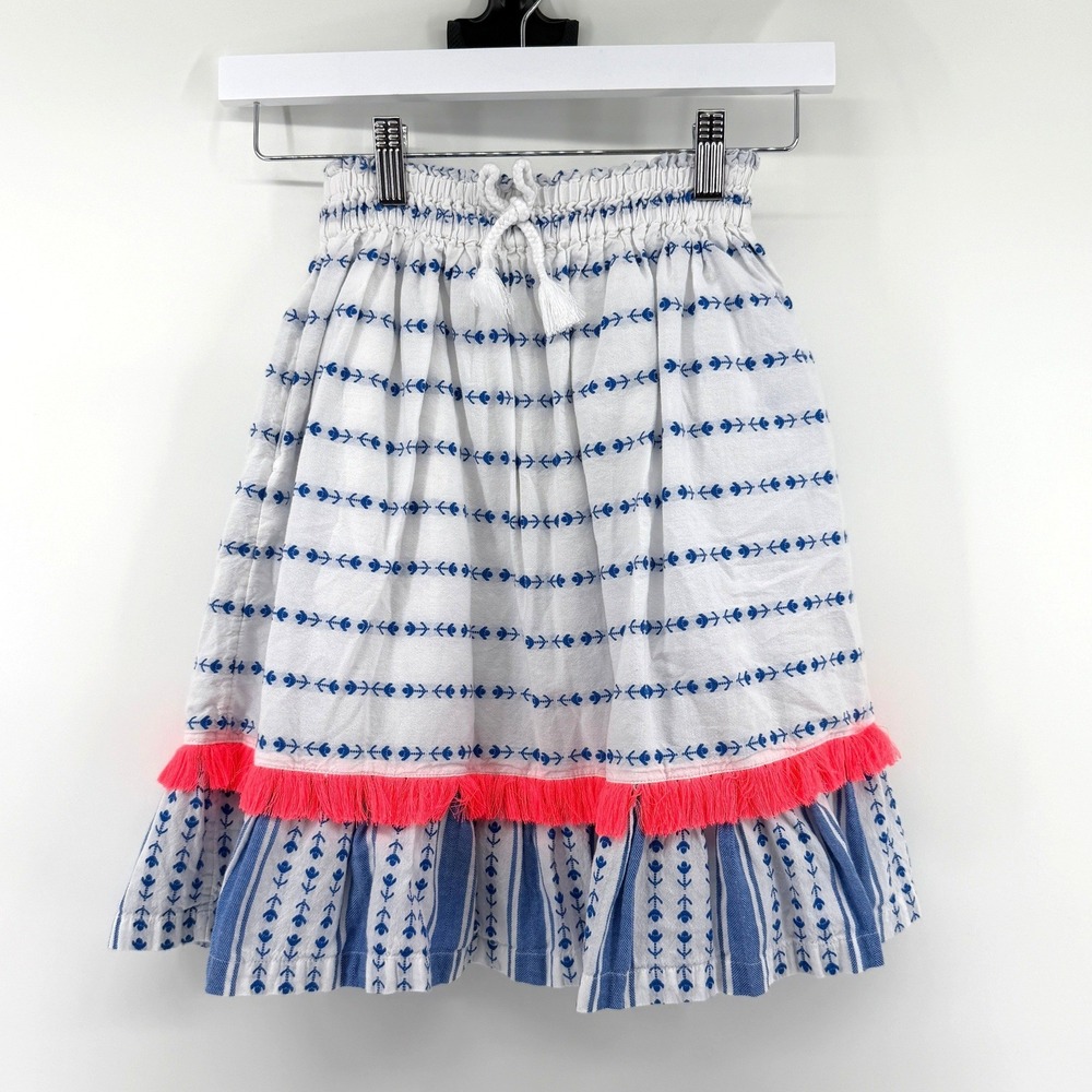 Boden Skirt Neon Fringe Tassel 6-7Y White Blue Girls Summer Boho Cotton Tiered